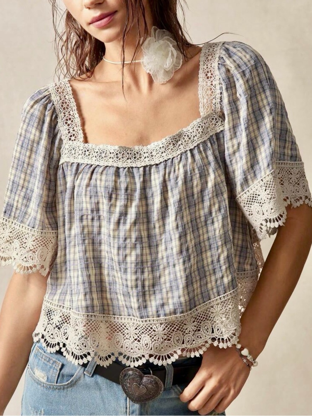 NWOT Square-Neck Plaid Lace-Trim Blouse in Blue and Cream in M & L - Picture 11 of 13